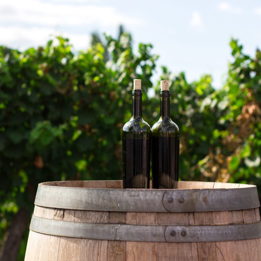 Two bottles of wine sitting on top of a wine barrel, greenery in the background