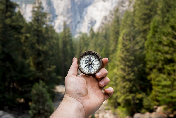 Person holding compass in outdoors in front of trees