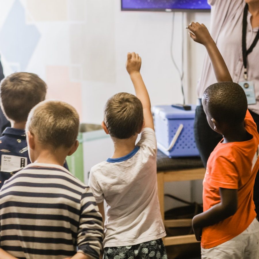 Young students raising hand in classroom setting