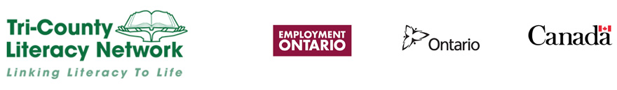 Tri-County Literacy Network, Employment Ontario, Government of Ontario, and Government of Canada logos