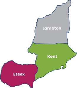 Map showing Lambton, Kent, and Essex counties.